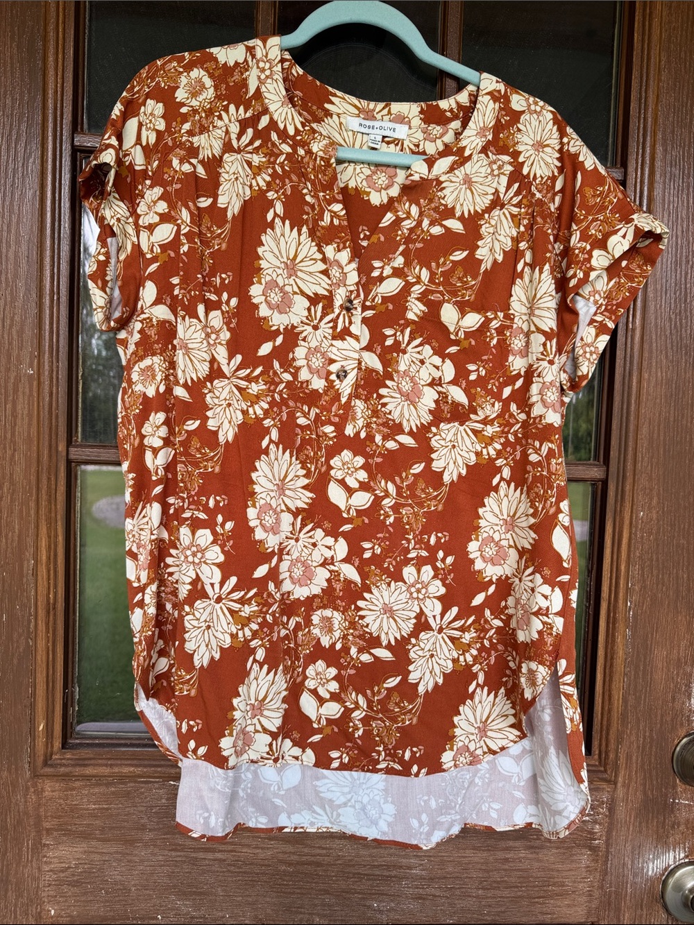 Rose & Olive Burnt Orange Floral Short Sleeve Blouse